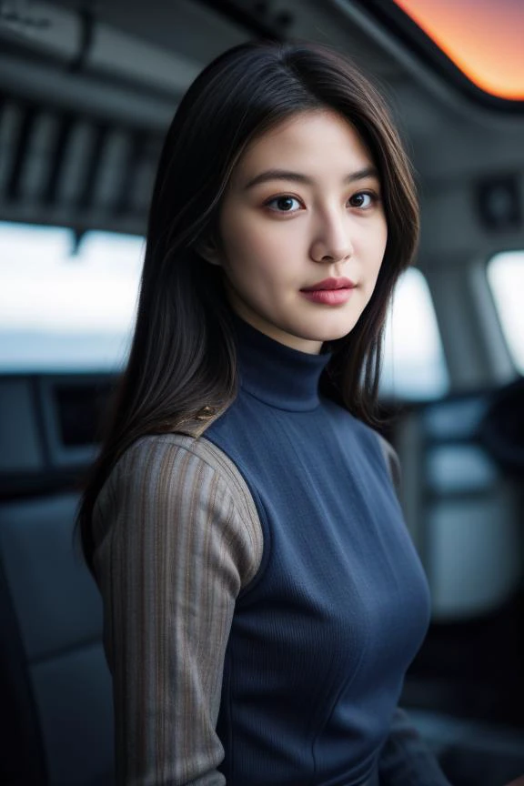 a close up of a woman in a blue dress sitting in a car