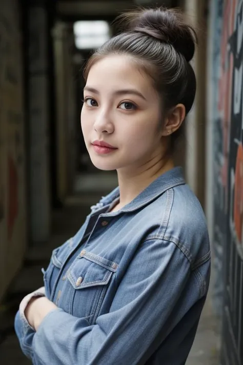 a woman in a denim jacket leaning against a wall