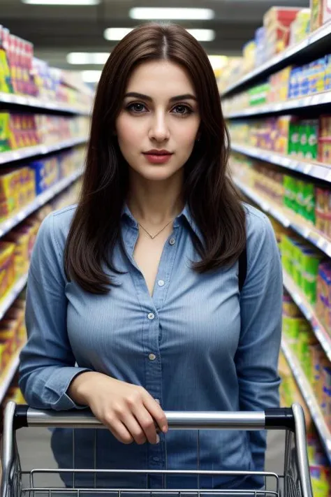 a woman in a blue shirt is holding a shopping cart