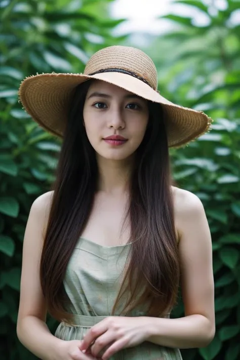 a close up of a woman wearing a hat and a dress