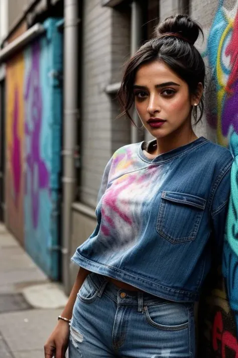 Mandip Gill in an urban alley (setting: graffiti-covered, vibrant). Shes in casual, edgy attire (fabric: denim, layered) with her hair in a messy bun, and bold, artistic makeup. Shes painting a large mural (style: colorful, expressive), her expression focu...