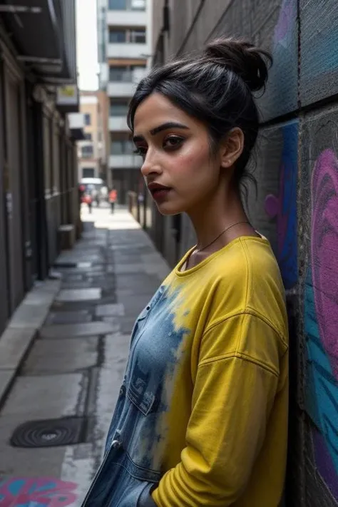 Mandip Gill in an urban alley (setting: graffiti-covered, vibrant). Shes in casual, edgy attire (fabric: denim, layered) with her hair in a messy bun, and bold, artistic makeup. Shes painting a large mural (style: colorful, expressive), her expression focu...