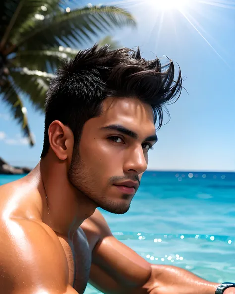 RAW photo, portrait, wide angle view, full color, commercial quality, latino hunk, ((age 24)), ((shot from below)), athletic physique, masculine features, very tanned skin, black hair, spiky hairstyle, kneeling, ((leather speedo)), ((leaning forward)), wat...