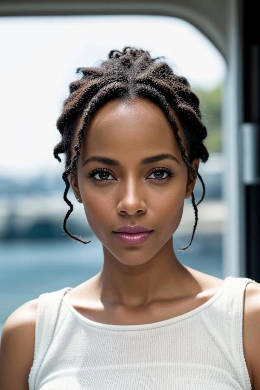 a close up of a woman with a white top and braid hair