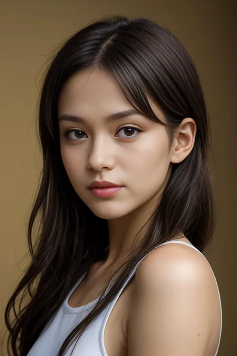 a close up of a woman with long hair wearing a white tank top