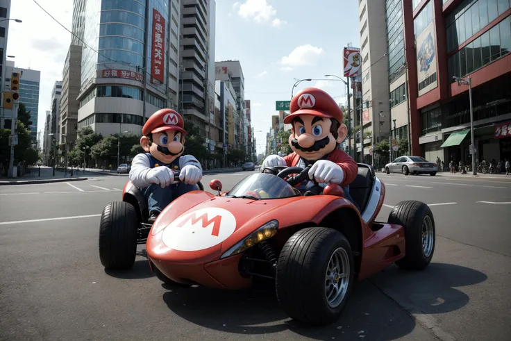 Mario and Luigui in Mario Kart in Tokio