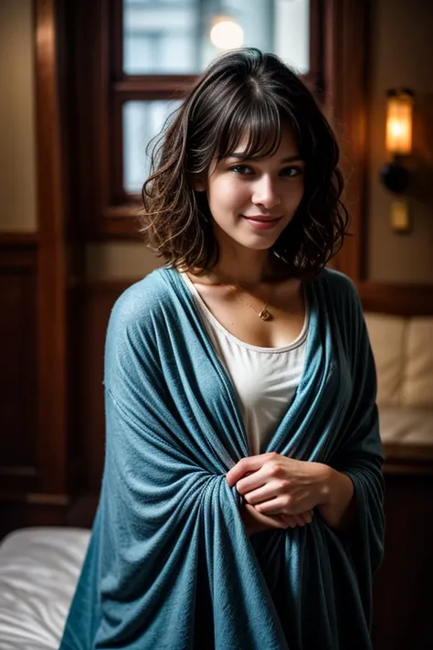 A photo of a beautiful cute young woman medium hair, <lora:DETAIL_SLIDER_BY_STABLE_YOGI:0.8> dressed in a soft blanket, soft lighting, anime vintage colors, in the style of makoto shinkai, Stanley Artgerm Lau, WLOP, Rossdraws, James Jean, Andrei Riabovitch...