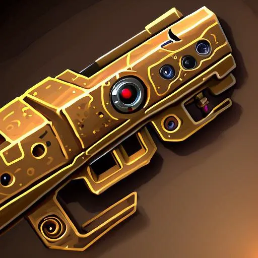 a close up of a golden gun with a red light on it