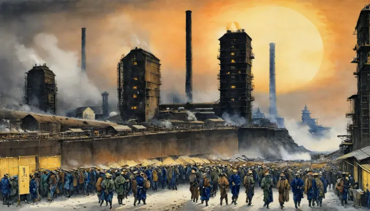 watercolor painting industrialbuilding, Hokusai style, painting, megapolis, nuclear powerplants, crowd of peoples on streets, high detailed painting, masterpiece, best quality, DARK SUN RISES!!! . vibrant, beautiful, painterly, detailed, textural, artistic