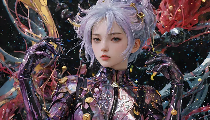 Chaotic maximalist anime illustration of an iridescent purple and black steel tight space suit worn by a woman with pastel blue hair, in the style of dark scarlet and light gold, liquid maximalist-core, use of precious materials, meticulous design, dark sa...