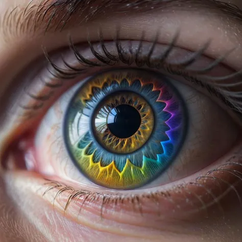 a close up of a person's eye with a rainbow colored iris