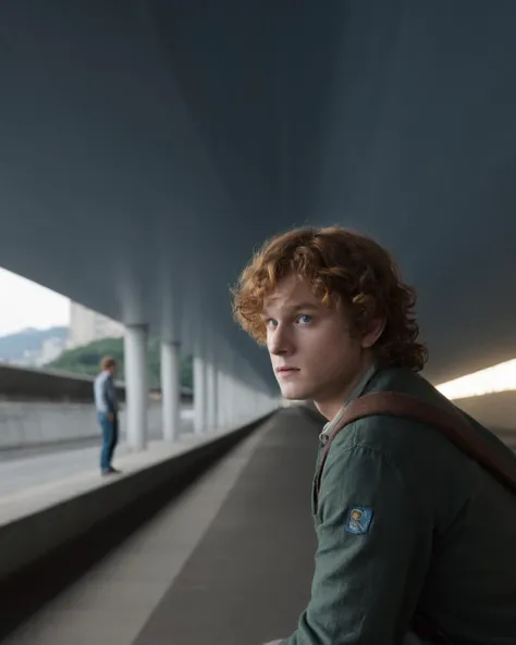 beautiful, [Geeky:Rugged:5] Samwise Gamgee, Watching movies, his hair is Denim Blue and Tangerine, Wavy hair, Patches, inside a Overpass, Wide view, Dark Academia, Light and shadow plays, 800mm lens, Kinemacolor, charming