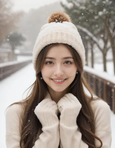 masterpiece, best quality, raw photo, realistic, (1girl, j-pop girl), (helf-length portrait:1.5), supporting head on hands, long hair, white sweater, sweater hat, (cute face, smile, temptations look), (snowing background), (sepia photography), (professiona...