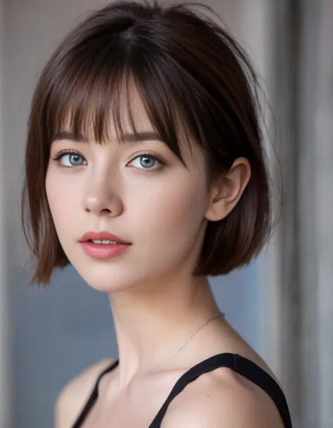 1girl,bangs,bare shoulders,blue eyes,freckles,lips,looking at viewer,nose,realistic,(silver short hair,bobcut),sleeveless,solo,black tank top,upper body,