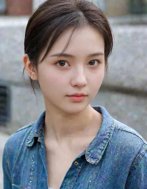 a close up of a woman in a denim shirt looking at the camera