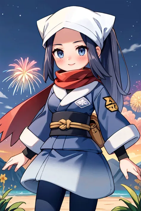 a woman in a blue dress and a red scarf standing in front of a fireworks