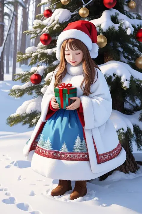 best quality, masterpiece, snow-covered coniferous forest, large blue Christmas tree in a clearing, gifts under the tree, beautiful Snow Maiden with a gift in her hands