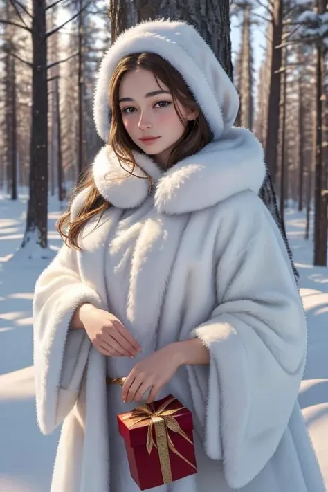 a woman in a white coat holding a red present in the snow