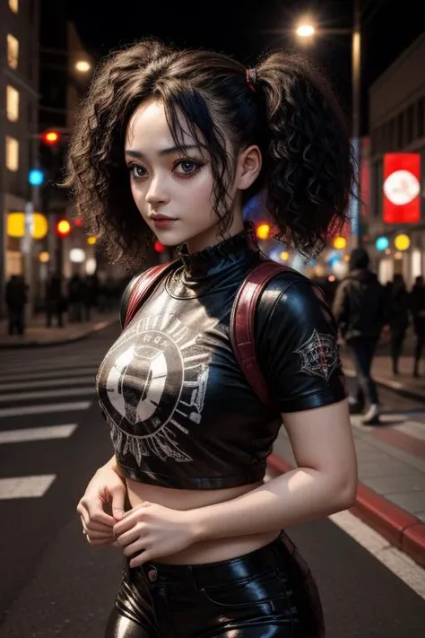 masterpiece, best quality, Moametal wearing a gothic T-shirt, tight pants, pigtails, Tokyo street, best quality, masterpiece, (photorealistic:1.4), (best quality), (detailed), (8k), (HDR), (sharp focus), (intricate), 1girl 30yo, close up, dark skin, slim,2...