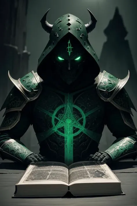 extremely close portrait of Necromancer in bone armor casting dark green magic at raving battlefield, (menacing bone armor design:1.5), (dark green magical incantations:1.8), brooding and mystical atmosphere, (dynamic and spellbinding pose:1.5), (eerie and...