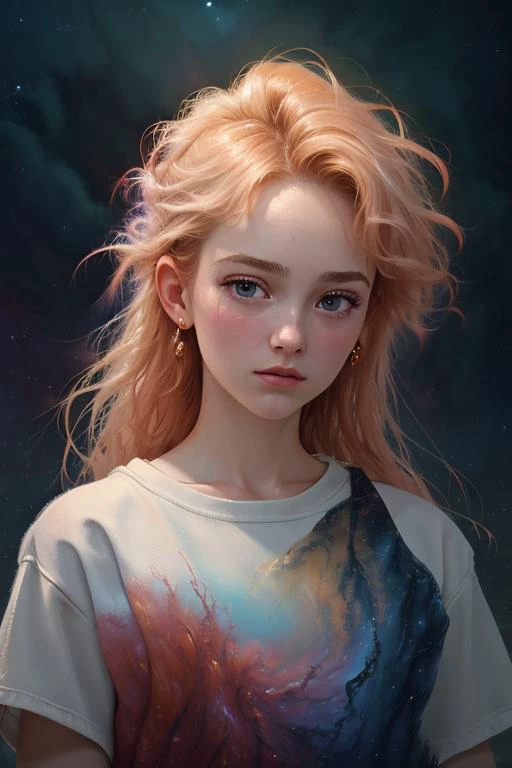 a girl with long hair and a t - shirt with a galaxy print