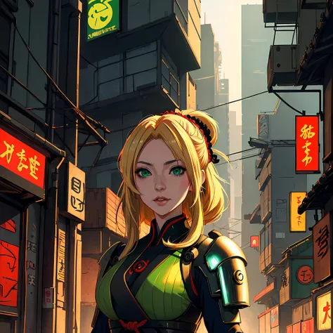 portrait of anime woman, blonde hair, green eyes, wearing samurai armor, standing in cyberpunk village, high resolution, cinematic, 4k