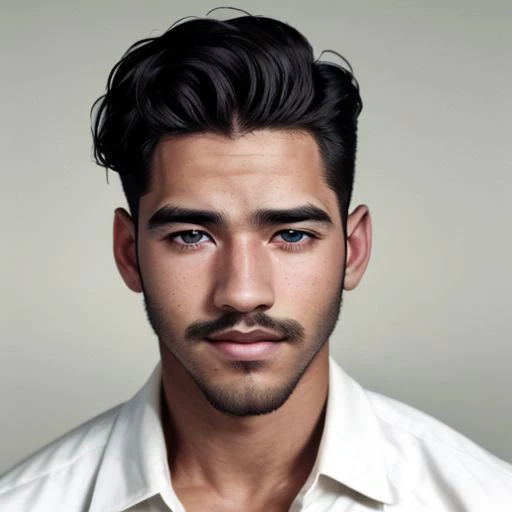 a close up of a man with a mustache and a white shirt