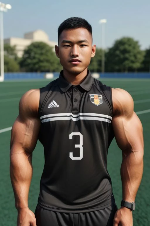 BrutalMass,Portrait ,masterpiece, best quality, highres, realistic, handsome, photogenic, masculine, (big muscles), syahnk as an ((dark tanned)) athletic jock bulging with huge pectorals, he with his (wearing tight jersey :1.3) running in middle of soccer ...