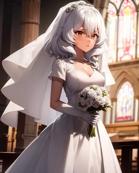 <lyco:AltriaGrem-NAI-LyCORIS-768px:0.7>
1girl, solo, standing, altria_grem, holding bouquet of flowers, wearing (white wedding dress, veil, bridal gauntlets), church background