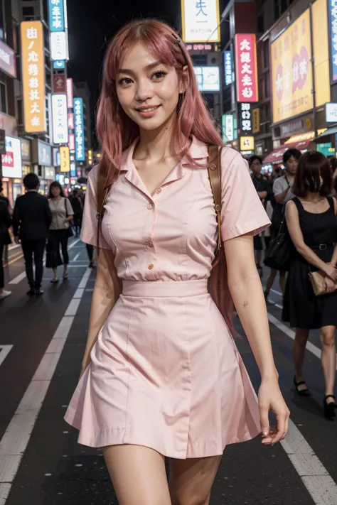 portrait of aik0_n0texist with (pink hair) dressed in a mondrian dress, walking down a Tokyo street at night, huge smile, looking at the camera, facing the camera, dynamic lighting, photorealistic, high detail, detailed, masterpiece, 8k, highres, flawless,...