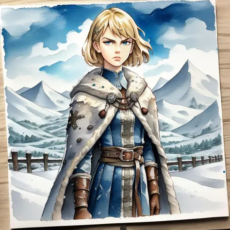 score_9, score_8_up, score_7_up, score_6_up, score_5_up, score_4_up, 1girl,looking at viewer,blue eyes, serious face, blonde hair,fur coat, cloak, snow, wind, mountains,  medium hair, blue colors, traditional media, hand_drawn, graphite (medium) art with w...