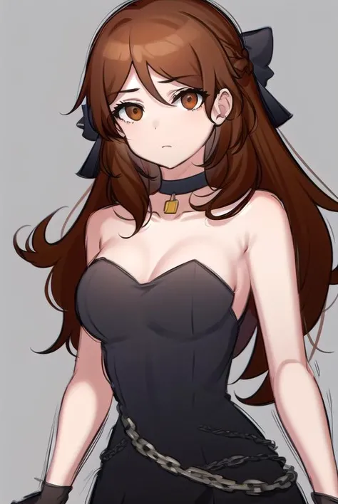 akanetaira, <lora:akanetaira-lora-nochekaiser:0.8>,
akane taira, long hair, brown hair, hair between eyes, (brown eyes:1.5),
BREAK gloves, dress, bow, bare shoulders, collarbone, hair bow, choker, black gloves, elbow gloves, black dress, strapless, black b...