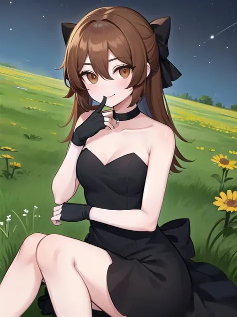 (masterpiece:1.7), (best quality:1.7), 1girl,  akane taira, long hair, brown hair, hair between eyes, (brown eyes:1.5), bare shoulders, collarbone, hair bow, choker, black gloves, elbow gloves, black dress, strapless, black bow, black choker, strapless dre...