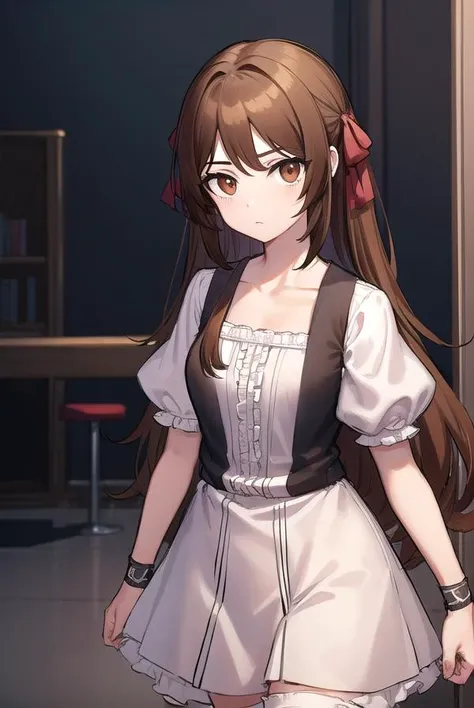 akanetaira, <lora:akanetairav2-lora-nochekaiser:0.8>,
akane taira, long hair, brown hair, hair between eyes, (brown eyes:1.5),
BREAK thighhighs, dress, bow, collarbone, short sleeves, frills, shoes, puffy sleeves, black footwear, black dress, red bow, whit...