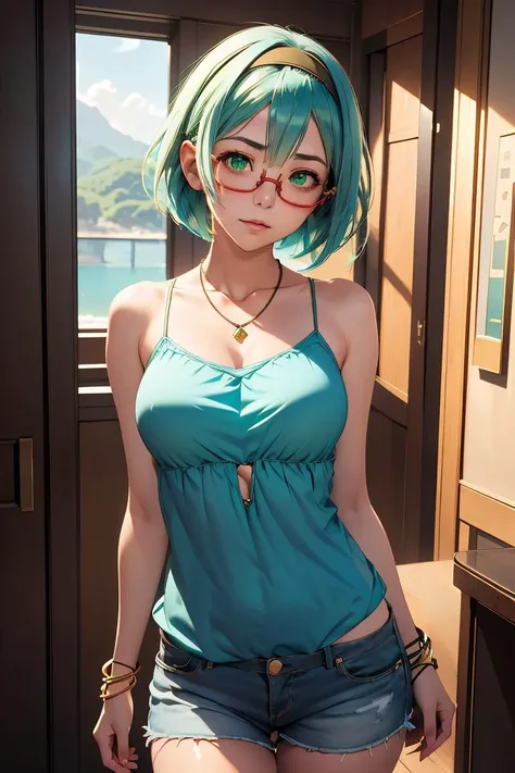 (masterpiece, best quality), 1girl,   <lora:Tomomi Kii:1> 1girl, 3dcg 08, solo, tomomi kii, aqua hair, bangle, collarbone, glasses, green eyes, hairband, medium breasts, necklace, semi-rimless eyewear, short hair, sidelocks, under-rim eyewear