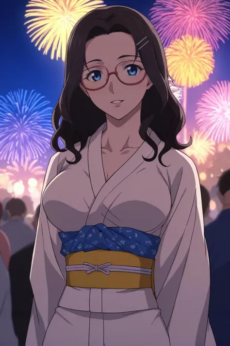 best quality,masterpiece,looking at viewer,absurdres,1girl,score_9,score_8_up,score_7_up,source_anime BREAK Kimono, fireworks, hairpins,aerial fireworks,festival,japanese clothes,summer festival,,<lora:019-å¤©ä¸å¤©ä¸-èèçé±¼XLV1:0.8>,kuzunoha mana,b...