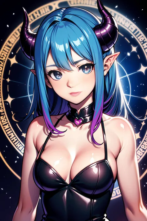 realistic, 1girl, blue hair, horns, multicolored eyes, glowing, blue eye, purple eye, bare shoulders, demon eyes, magic circle, light particles, light rays, wallpaper,