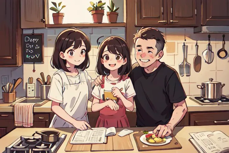 closeup, a family portrait, momn, dad, happy,kitchen in the background <lora:coolkids_merge_v2.5:0.7>