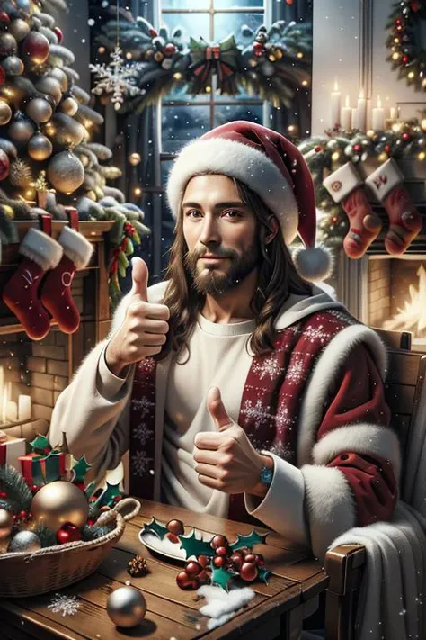 masterpiece, christmasdecorativestyle, 1guy, jesus christ, thumbs up, best quality,  <lora:ChristmasDecorativeStyle:0.8>