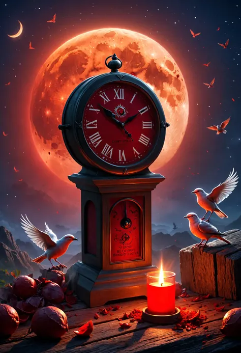 there is a clock with a candle and birds around it