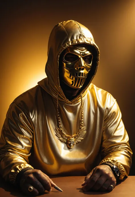 a close up of a person in a gold mask sitting at a table