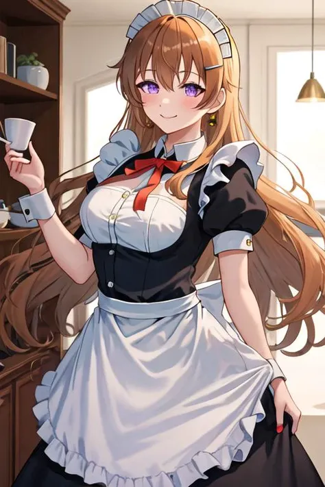 best quality, masterpiece, highres, solo, {maid:1.40}, {long maid dress:1.15}, {konoe_kanata_loveliveschoolidolfestivalallstars:1.15}, long_hair, purple_eyes, bangs, orange_hair, smile, blush, breasts, hair_ornament, wavy_hair, brown_hair