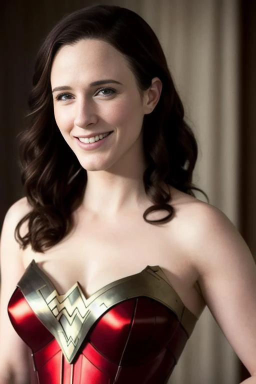 photo of RachelBrosnahan2, looking at the camera, simple background, wonder woman costume,  detailed face, smile, intricate, soft lighting, masterpiece, beautiful,