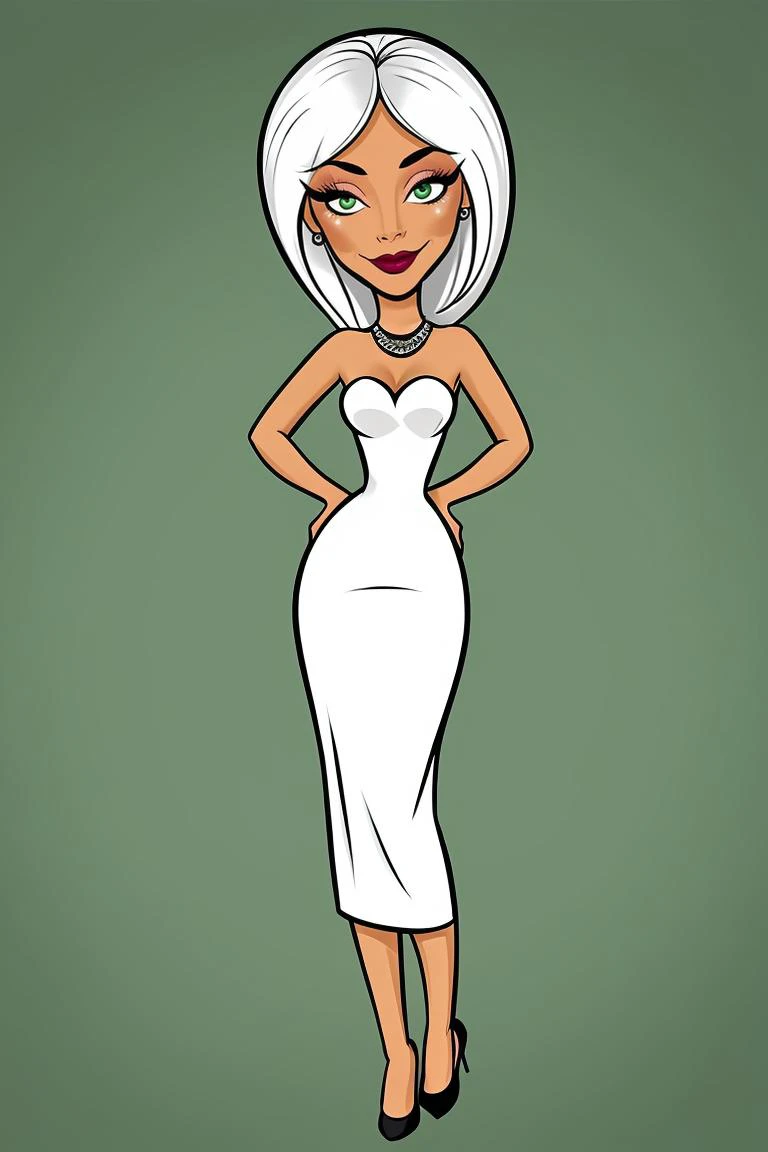 <lora:mirageV3:0.8> (cartoon:1.4), mirage, green eyes, makeup, white hair, long dress, full body, fancy, jewelry