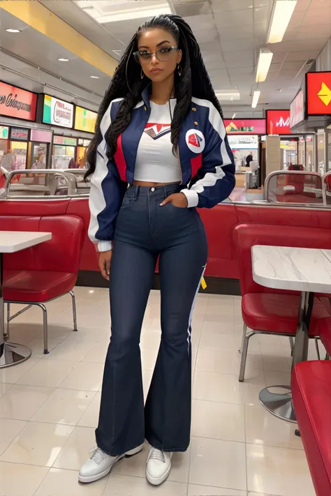 woman wearing colorblock windbreaker jacket, high-waisted bootcut flare wide leg jeans, slip on sneakers, rimless sunglasses, 90s mall food court, fast food, dining tables, chairs, bright lights, the smell of pizza and french fries, soda fountain, plastic ...