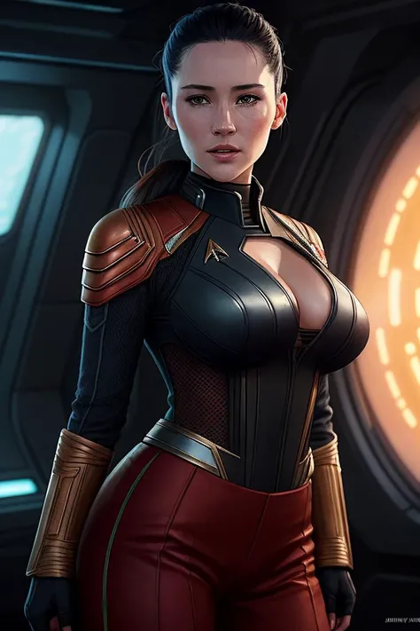 photo of (chr1sch0ng:0.99), a woman as a star trek officer, modelshoot style, (extremely detailed CG unity 8k wallpaper), large breasts, photo of the most beautiful artwork in the world, professional majestic oil painting by Ed Blinkey, Atey Ghailan, Studi...