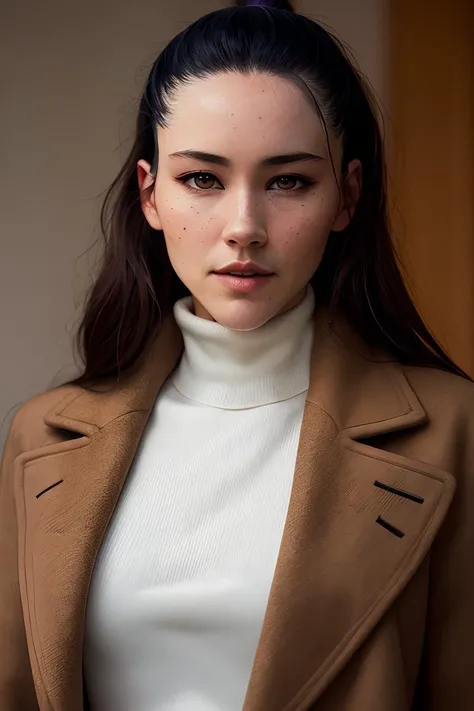 photo of (chr1sch0ng:0.99), a woman, RAW, close portrait photo, long brown coat, turtleneck, long haircut, pale skin, slim body, (high detailed skin:1.2), 8k uhd, dslr, soft lighting, high quality, film grain, Fujifilm XT3 sharp focus, f 5.6