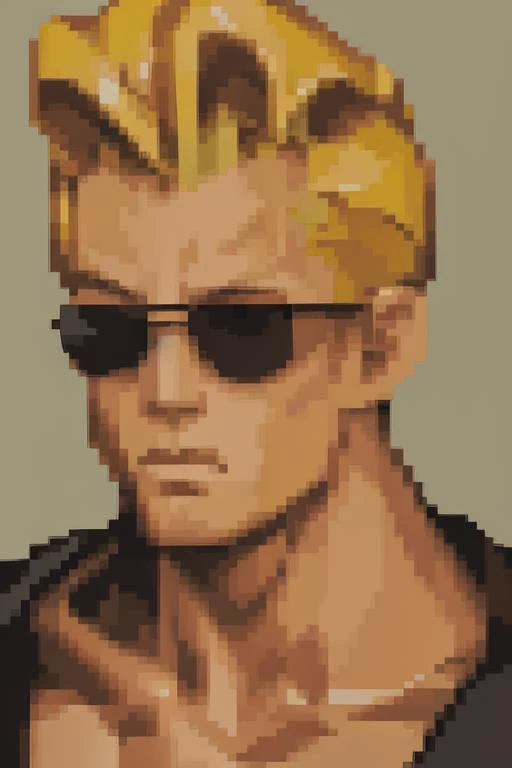 <lora:Final Fantasy Tactics Portraits V1:0.9> final_fantasy_tactics_portrait, pale orange background, no_nose, portrait,  <lora:johnnyBravo1-10:0.65> johnny bravo, solo, blonde hair, 1boy, sunglasses, black shirt, muscular, t-shirt, muscular male,