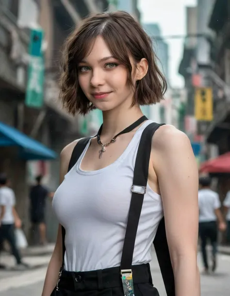 (full height:1.3), a beautiful ((ohwx woman))  As Tifa Lockhart from Final Fantasy VII, in her iconic white tank top, black skirt, and suspenders. Positioned in a combat-ready stance in Midgars slum streets, her fists clenched, eyes reflecting determinatio...