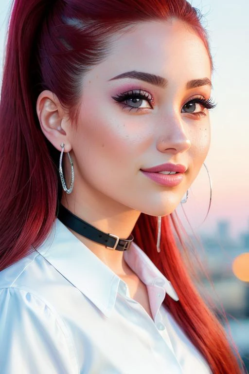 photo of arianagrande-1760:0.99, ((closeup, portrait):1.2), (on a rooftop, nighttime, at night, fireworks), lipstick, ((collared shirt, dress shirt)),(red hair),(choker), (best quality) ((detailed eyes, detailed face, detailed skin):1.2), smile, (masterpie...